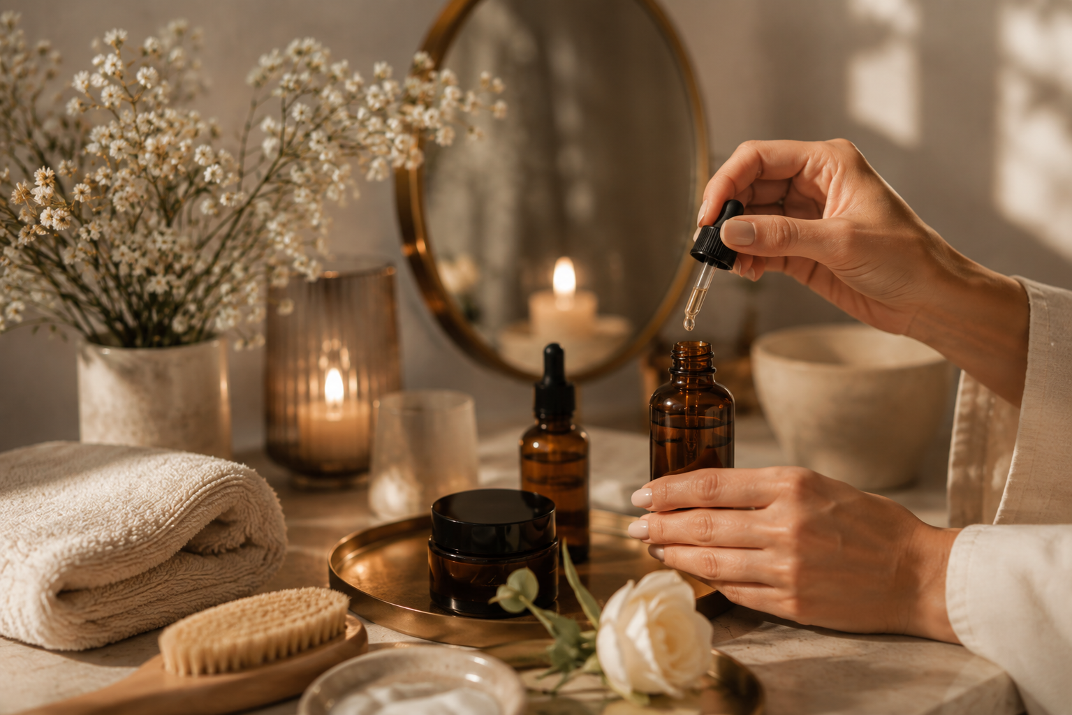Rituale cosmetico Atelier con mani e contagocce